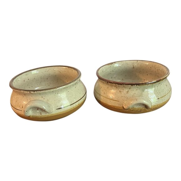 Vtg Stoneware Pottery Soup Bowls 4.5" Dia X 2.5" Tall Set Of 2 Speckled Handles - Picture 5 of 8